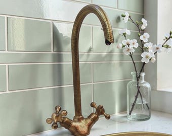 Handcrafted Vintage Brass Bathroom Faucet, Unlacquered Sink Mixer Tap
