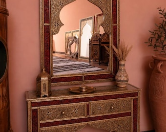 Handcrafted Moroccan Brass Mirror with Console Table, Hammered Entryway Vanity Furniture