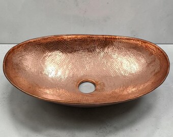 Hand Hammered Solid Copper Oval Vessel Sink, Rustic Farmhouse Bathroom Vanity Bowl
