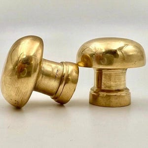 May include: Two polished brass mushroom-shaped knobs with a smooth, rounded top and a cylindrical base. The metallic surface reflects light, showing a warm golden hue and a reflective finish on the curved heads of these hardware pieces.