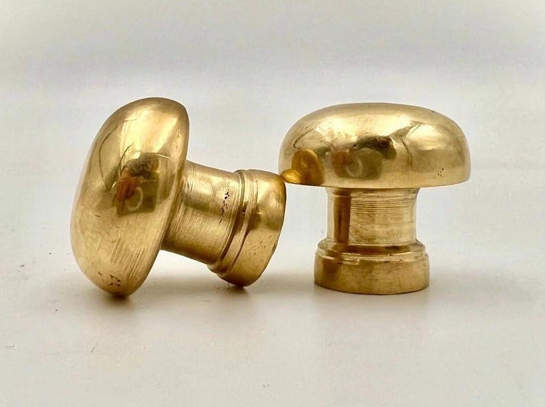 May include: Two polished brass mushroom-shaped knobs with a smooth, rounded top and a cylindrical base. The metallic surface reflects light, showing a warm golden hue and a reflective finish on the curved heads of these hardware pieces.