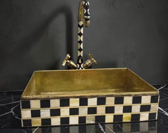 Handmade Brass Vessel Sink with Mother of Pearl Inlay Faucet, Hammered Bathroom Basin
