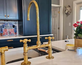 Handmade Solid Brass Bridge Kitchen Faucet | Unlacquered Moroccan Sink Tap