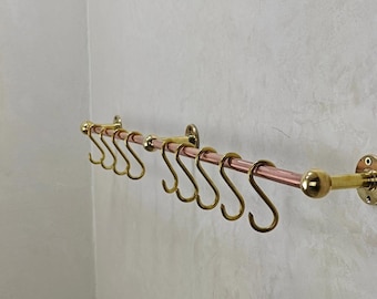 Handmade Brass Pot Rail with Copper Bar, 10 S Hooks, Wall Mounted Rack