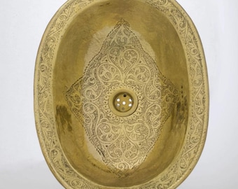 Handmade Moroccan Etched Brass Bathroom Sink, Engraved Vanity Basin, Solid Brass Decor