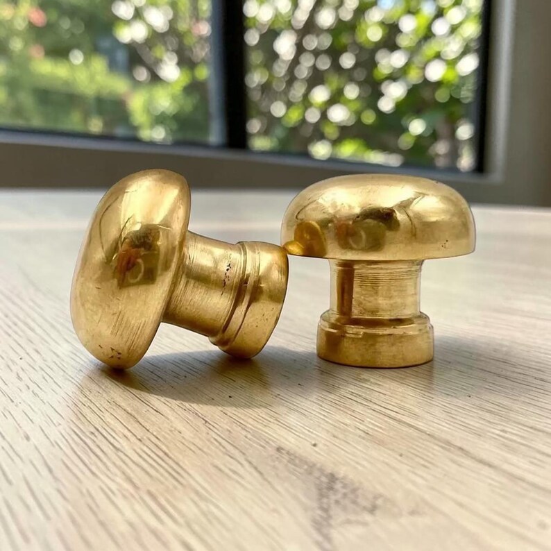 May include: Two polished brass cabinet knobs with a smooth, rounded mushroom-shaped head and a cylindrical base. The metal surface has a reflective, golden finish that catches the light, showing a simple, functional design for furniture hardware.