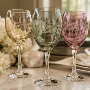May include: Three elegant wine glasses in amber, green, and pink hues. Each glass features a delicate floral design etched around the bowl. The glasses have long stems and round bases, perfect for a sophisticated table setting.