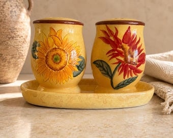 Rare Bella Casa by Ganz Floral Ceramic Salt Pepper Shakers With Holder