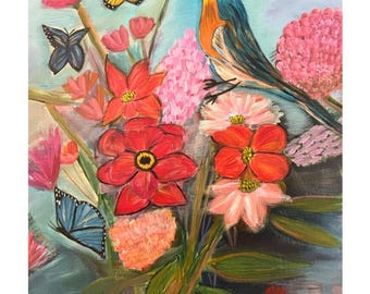 Abstract/Realism Bird with Flowers and Butterflies