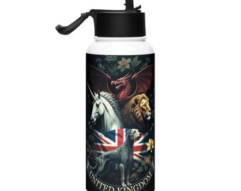 Botella premium de acero inoxidable de las Cuatro Naciones del Reino Unido: León, Unicornio, Dragón, Perro