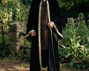 Renaissance Cloak with Gold Trim Velvet Hooded Robe Unisex Medieval Wizard Cape