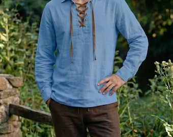 Camisa de lino para hombre estilo festival renacentista, con cordones, traje medieval, regalo para él.