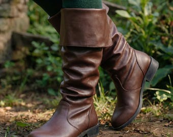 Botas altas hasta la rodilla, regalo para ella, puño plegable, estilo medieval, holgadas, color marrón y negro, estilo pirata.