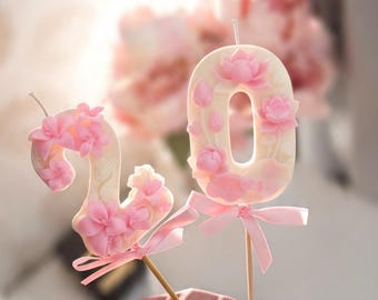 Floral Number Candle, Handmade beeswax Cake Decor, Party Topper, custom party decoration