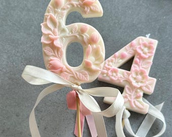 Vela floral con números, decoración de pasteles hecha a mano con cera de soja, adorno para fiestas, decoración personalizada para fiestas