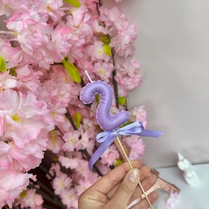 May include: A light purple number two candle topper shaped like a balloon, featuring a smooth finish and a small matching purple ribbon tied around the wooden stick base. The candle has a white wick at the top and a rounded, inflated appearance.