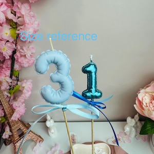 May include: Two number-shaped cake toppers on wooden sticks. The number 3 is matte light blue, and the number 1 is metallic teal. Each topper is decorated with a matching satin ribbon bow tied around the stick below the number.