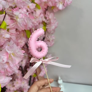 May include: A light pink number six candle topper with a rounded, inflated appearance, featuring a thin satin ribbon tied in a bow at the base of the number, attached to a slender wooden stick for placement in a cake or dessert.