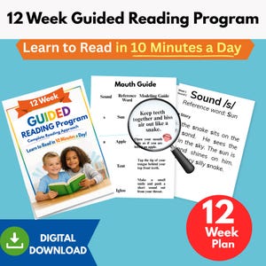 May include: A digital download for a 12-week guided reading program. The image features a cover with children reading, a mouth guide, and a page with a story about a snake. Text includes "Learn to Read in 10 Minutes a Day!"