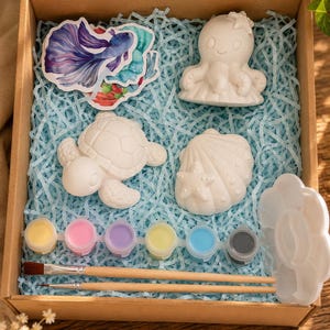 Op de afbeelding: Een knutselset in een kartonnen doos met drie witte keramische figuren van een octopus, een zeeschildpad en een schelp, een set van zes kleine verfpotjes, twee houten penselen, een wit bloemvormig palet en diverse stickers met visafbeeldingen.