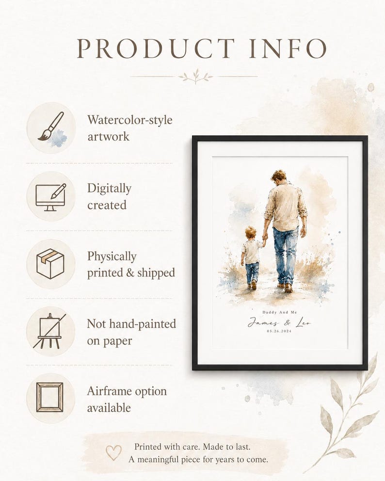 Puede incluir: Una impresi&oacute;n en acuarela enmarcada que representa a un padre y un ni&ntilde;o caminando juntos, con el texto "Daddy And Me" y nombres. La obra de arte est&aacute; creada digitalmente e impresa f&iacute;sicamente. El marco es negro.