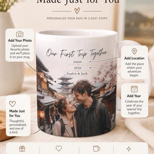Puede incluir: Taza de cer&aacute;mica blanca con una foto de una pareja en Jap&oacute;n, el texto "Our First Trip Together" y los nombres "Sophie & Jack". La taza tambi&eacute;n presenta el texto "Made Just for You" e instrucciones de personalizaci&oacute;n.