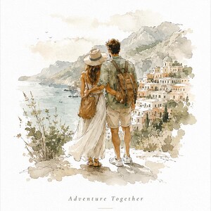 K&ouml;nnte beinhalten: Aquarell-Druck eines Paares, das eine K&uuml;stenstadt betrachtet. Die Frau tr&auml;gt ein wei&szlig;es Kleid und einen Hut, der Mann ein gr&uuml;nes Hemd und einen Rucksack. Text: "Adventure Together", mit Namen und Datum.