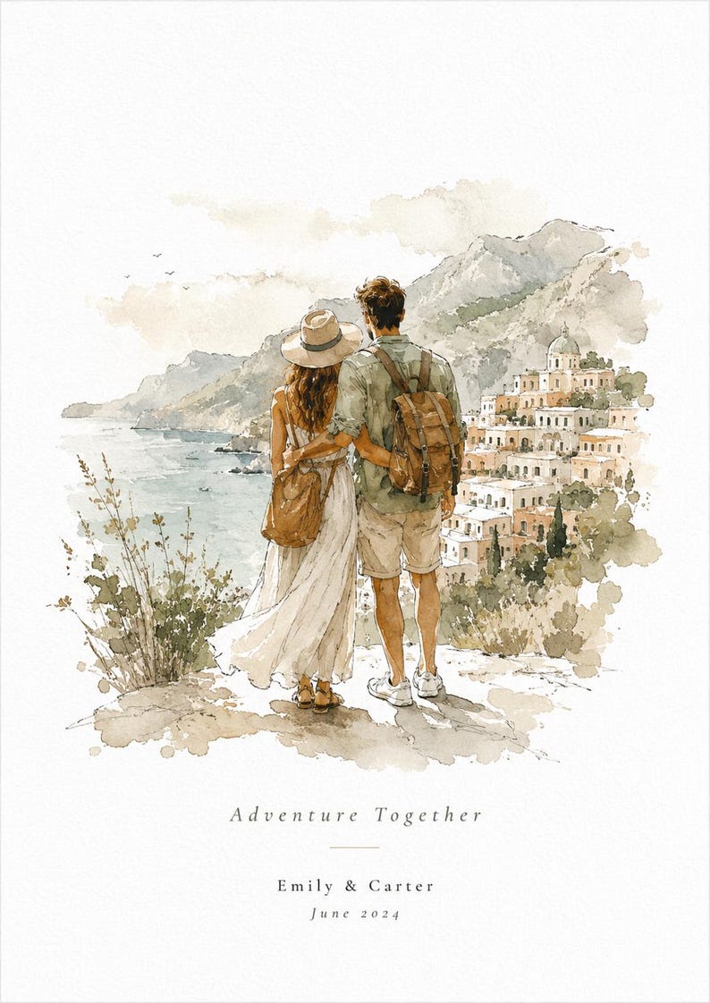 K&ouml;nnte beinhalten: Aquarell-Druck eines Paares, das eine K&uuml;stenstadt betrachtet. Die Frau tr&auml;gt ein wei&szlig;es Kleid und einen Hut, der Mann ein gr&uuml;nes Hemd und einen Rucksack. Text: "Adventure Together", mit Namen und Datum.