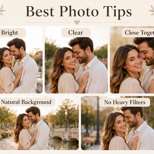 Op de afbeelding: Een afbeelding met de tekst "Best Photo Tips" en vijf foto-voorbeelden. De voorbeelden tonen een stel dat elkaar omhelst, met tekstlabels: "Bright", "Clear", "Close Together", "Natural Background" en "No Heavy Filters".