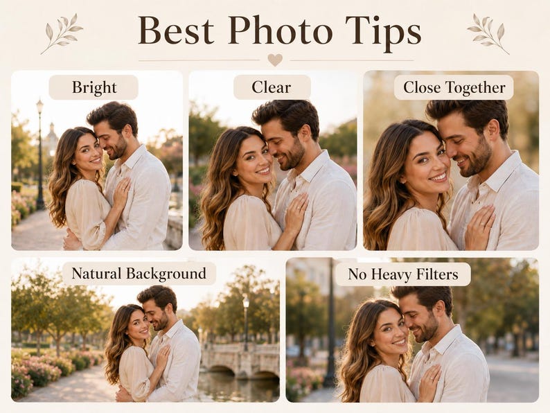 Op de afbeelding: Een afbeelding met de tekst "Best Photo Tips" en vijf foto-voorbeelden. De voorbeelden tonen een stel dat elkaar omhelst, met tekstlabels: "Bright", "Clear", "Close Together", "Natural Background" en "No Heavy Filters".
