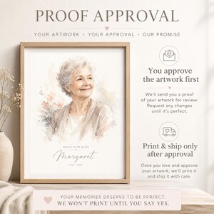 May include: A framed watercolor portrait of an elderly woman, with the name "Margaret" and dates 1943-2024 below. The image is in a light wood frame. Text on the image reads "Proof Approval" and "Always in my heart".