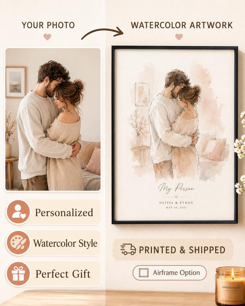 May include: A framed watercolor artwork featuring a couple embracing, with the text "My Person" and names and a date. The image is in a black frame. The image also shows a photo of the couple and the words "Personalized", "Watercolor Style", and "Perfect Gift".