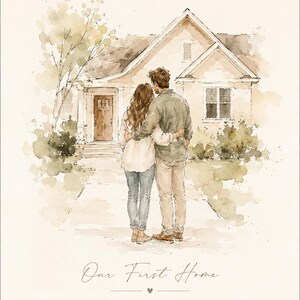 Puede incluir: Impresi&oacute;n en acuarela de una pareja mirando una casa beige con techo y puerta marrones. El texto dice "Our First Home" con nombres y el a&ntilde;o 2024.