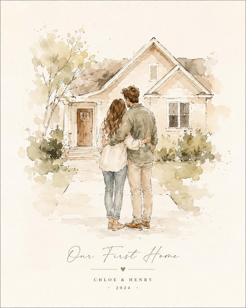 Puede incluir: Impresi&oacute;n en acuarela de una pareja mirando una casa beige con techo y puerta marrones. El texto dice "Our First Home" con nombres y el a&ntilde;o 2024.