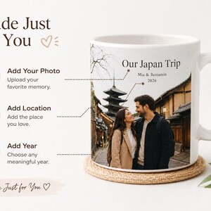 Pode incluir: Caneca de cer&acirc;mica branca com uma foto de um casal no Jap&atilde;o, o texto "Our Japan Trip" e os nomes "Mia & Benjamin 2026." A caneca tamb&eacute;m tem o texto "Made Just for You."