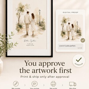 Puede incluir: Impresi&oacute;n en acuarela enmarcada de una pareja caminando, tomados de la mano, con el texto "Better Together". La impresi&oacute;n est&aacute; en un marco negro. Una prueba digital muestra la obra de arte con una marca de verificaci&oacute;n y el texto "Love it! Looks perfect."