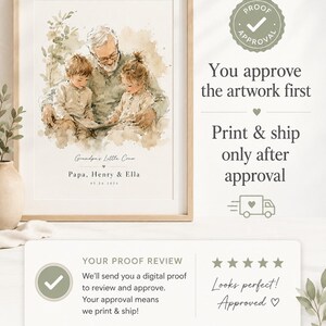 May include: A framed watercolor print featuring a grandfather reading to two grandchildren. The print is in a light wooden frame. Text on the print reads "Grandpa's Little Crew, Papa, Henry & Ella." Additional text on the image states "You approve the artwork first."