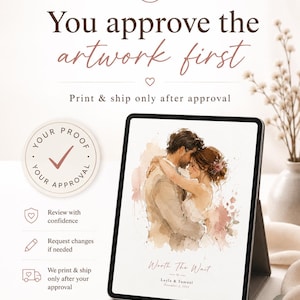 Może przedstawiać: Cyfrowy tablet wyświetla akwarelową ilustrację obejmującej się pary. Tekst brzmi "Worth The Wait" i "Layla & Samuel". Dodatkowy tekst zawiera "You approve the artwork first" i "Print & ship only after approval".