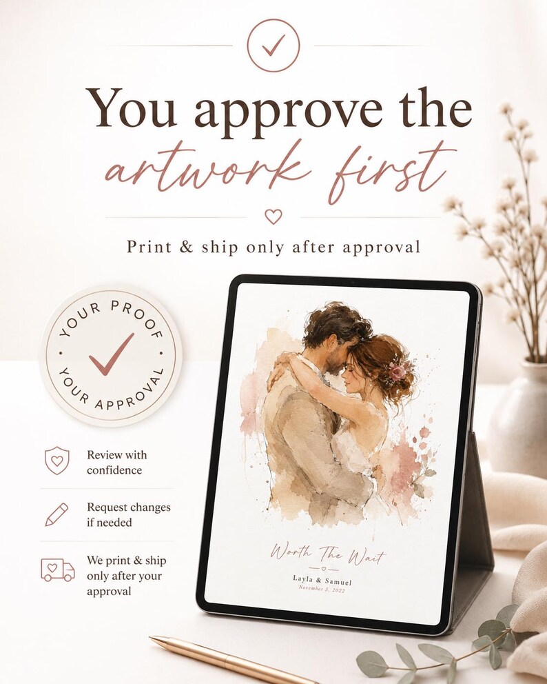 Może przedstawiać: Cyfrowy tablet wyświetla akwarelową ilustrację obejmującej się pary. Tekst brzmi "Worth The Wait" i "Layla & Samuel". Dodatkowy tekst zawiera "You approve the artwork first" i "Print & ship only after approval".