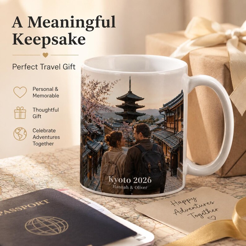 May include: White ceramic mug featuring a couple in Kyoto, Japan, with the text "Kyoto 2026" and names. The mug is a perfect travel gift, with the words "A Meaningful Keepsake" and "Perfect Travel Gift" printed on the mug.