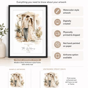 May include: Framed watercolor artwork featuring a couple embracing in front of a house. The artwork is in a modern black airframe-style frame with a white mat. Text includes "Love Lives Here" and "The Wilsons".