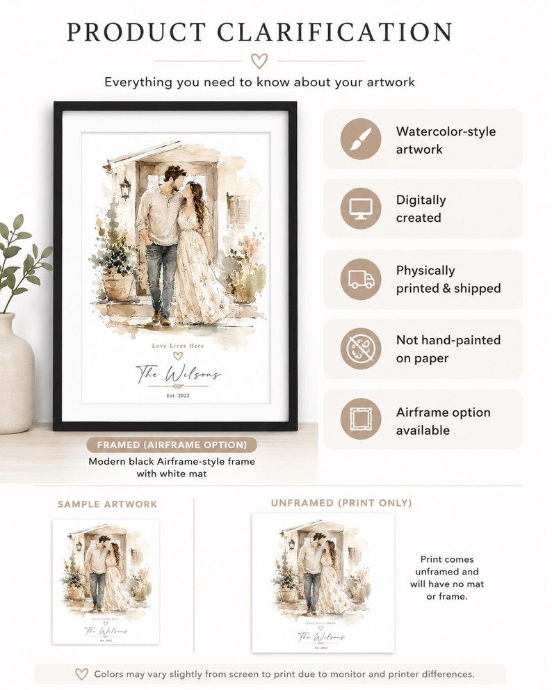 May include: Framed watercolor artwork featuring a couple embracing in front of a house. The artwork is in a modern black airframe-style frame with a white mat. Text includes "Love Lives Here" and "The Wilsons".