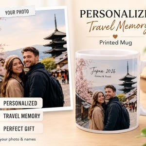 May include: A white ceramic mug with a personalized travel memory design. The mug features a photo of a couple in Japan with the text "Japan 2026" and names. The mug has a white handle and is displayed with a photo print.