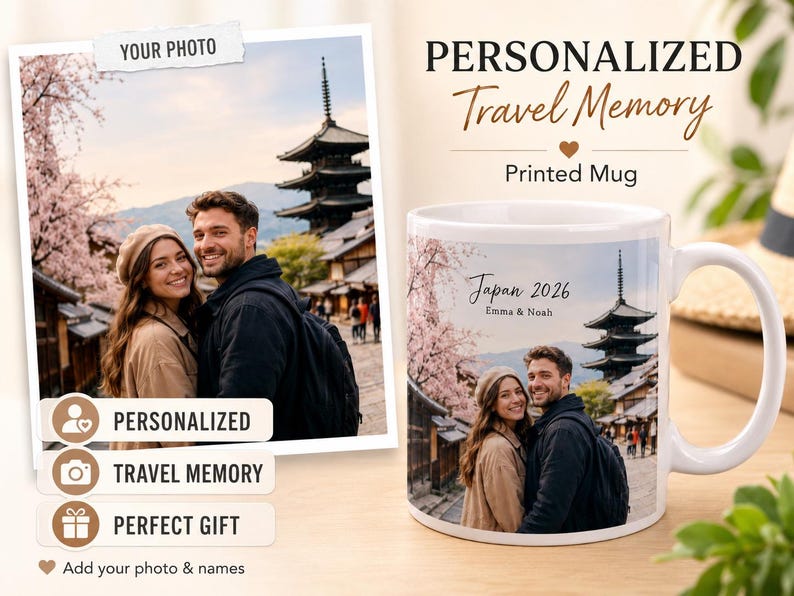 May include: A white ceramic mug with a personalized travel memory design. The mug features a photo of a couple in Japan with the text "Japan 2026" and names. The mug has a white handle and is displayed with a photo print.