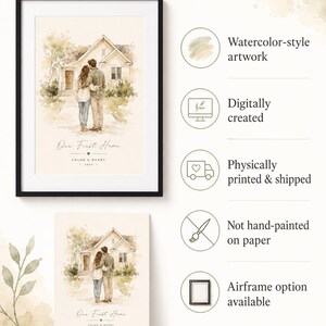 Puede incluir: Impresi&oacute;n art&iacute;stica en acuarela enmarcada, que representa a una pareja frente a una casa. El marco negro contiene el texto "Our First Home", los nombres "Chloe & Henry" y el a&ntilde;o 2024. Creaci&oacute;n digital.