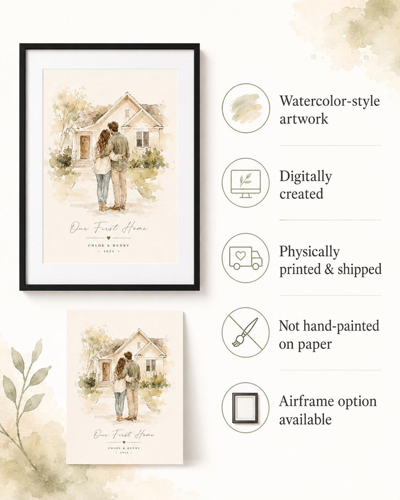 Puede incluir: Impresi&oacute;n art&iacute;stica en acuarela enmarcada, que representa a una pareja frente a una casa. El marco negro contiene el texto "Our First Home", los nombres "Chloe & Henry" y el a&ntilde;o 2024. Creaci&oacute;n digital.