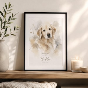 May include: A framed watercolor print of a Golden Retriever dog, with the name "Bella" and dates 2012-2024. The print is in a black frame and sits on a wooden shelf with a candle and a stack of books. The words "Forever Loved" are above the name.