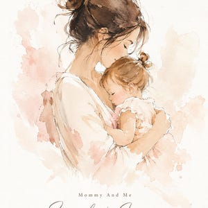 May include: Watercolor illustration of a mother and child in soft pink and beige tones. The mother, with her hair in a bun, cradles the sleeping child. Text reads "Mommy And Me" and "Sarah & Emma" with the date "May 12, 2024".