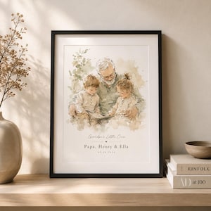 May include: A framed watercolor print featuring a grandfather with two grandchildren. The print has a black frame and includes the text "Grandpa's Little Crew, Papa, Henry & Ella, 05.24.2024". The artwork is displayed on a wooden shelf.