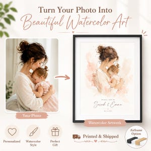 May include: A framed watercolor artwork featuring a mother and child, with the text "Mommy And Me Sarah & Emma". The image is in a black frame, with the words "Turn Your Photo Into Beautiful Watercolor Art" at the top.